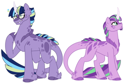 Size: 1500x1000 | Tagged: safe, artist:faith-wolff, imported from derpibooru, oc, oc only, dracony, hybrid, pony, commission, duo, glasses, half-siblings, interspecies offspring, male, offspring, parent:spike, parent:starlight glimmer, parent:twilight sparkle, parents:sparlight, parents:twispike, raised hoof, scales, simple background, stallion, unshorn fetlocks, white background