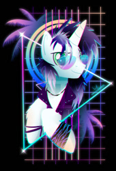 Size: 600x880 | Tagged: safe, artist:ii-art, imported from derpibooru, oc, oc only, oc:vocal score, pony, unicorn, bust, neon, portrait, retrowave, smiling, solo, synthwave