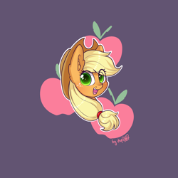 Size: 2300x2300 | Tagged: safe, artist:dsp2003, imported from derpibooru, part of a set, applejack, earth pony, pony, blushing, bust, cutie mark background, ear fluff, female, hat, looking at you, mare, open mouth, purple background, signature, simple background, solo, white outline