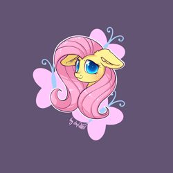 Size: 2300x2300 | Tagged: safe, artist:dsp2003, imported from derpibooru, part of a set, fluttershy, pegasus, pony, blushing, bust, cute, cutie mark background, ear fluff, female, floppy ears, looking at you, mare, purple background, shyabetes, signature, simple background, solo, white outline