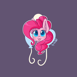 Size: 2300x2300 | Tagged: safe, artist:dsp2003, imported from derpibooru, part of a set, pinkie pie, earth pony, pony, :p, blushing, bust, cutie mark background, ear fluff, female, looking at you, mare, purple background, signature, silly, simple background, solo, tongue out, white outline