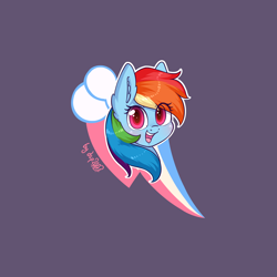 Size: 2300x2300 | Tagged: safe, artist:dsp2003, imported from derpibooru, part of a set, rainbow dash, pegasus, pony, blushing, bust, cutie mark background, ear fluff, female, looking at you, mare, open mouth, purple background, signature, simple background, solo, white outline