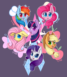 Size: 3064x3484 | Tagged: safe, artist:dsp2003, imported from derpibooru, part of a set, applejack, fluttershy, pinkie pie, rainbow dash, rarity, twilight sparkle, earth pony, pegasus, pony, unicorn, :p, blushing, bust, cowboy hat, cutie mark, cutie mark background, ear fluff, female, floppy ears, hat, high res, looking at you, mane six, mare, open mouth, purple background, signature, silly, simple background, tongue out, white outline