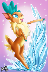 Size: 2667x4000 | Tagged: safe, artist:danmakuman, imported from derpibooru, velvet reindeer, deer, reindeer, them's fightin' herds, community related, female, high res, ice, one eye closed, open mouth, open smile, smiling, solo, velvet (tfh), wink