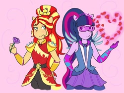 Size: 1024x768 | Tagged: safe, artist:horsegirlpodcast, imported from derpibooru, sci-twi, sunset shimmer, twilight sparkle, equestria girls, legend of everfree, crystal guardian, female, flower, heart, lesbian, looking at each other, rose, scitwishimmer, shipping, smiling, sunsetsparkle