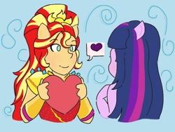 Size: 1024x768 | Tagged: safe, artist:horsegirlpodcast, imported from derpibooru, sunset shimmer, twilight sparkle, equestria girls, legend of everfree, crystal guardian, female, heart, lesbian, pictogram, ponied up, present, shipping, smiling, sunsetsparkle