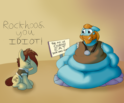 Size: 3000x2500 | Tagged: safe, artist:lupin quill, imported from derpibooru, rockhoof, steela oresdotter, earth pony, pony, legends of magic, spoiler:comic, spoiler:comiclom2, belly, belly button, bhm, big belly, clothes, corn, dialogue, duo, facehoof, facial hair, fat, female, food, grin, male, mare, morbidly obese, obese, pit of corn, rolls of fat, scene interpretation, sign, smiling, stallion, stuck, stupidity, tight clothing, triskelion, wardrobe malfunction