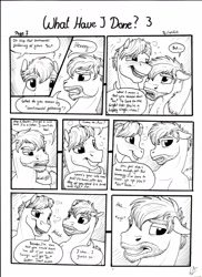 Size: 2550x3506 | Tagged: safe, artist:lupiarts, imported from derpibooru, oc, oc only, oc:daxter, oc:ron nail, pegasus, pony, comic:what have i done, black and white, cider, comic, drunk, duo, grayscale, male, monochrome, mug, sad, speech bubble, stallion, traditional art