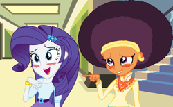 Size: 2000x1231 | Tagged: safe, artist:ameyal, artist:ktd1993, artist:rarespirit611, edit, imported from derpibooru, rarity, saffron masala, equestria girls, afro, blushing, canterlot high, equestria girls-ified, female, lesbian, raffron, shipping