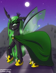 Size: 989x1280 | Tagged: safe, artist:sonicsweeti, imported from derpibooru, oc, changeling, changeling queen, changeling oc, changeling queen oc, cloak, clothes, fanfic, fanfic art, female, full moon, green changeling, hoof shoes, moon, raised hoof, stars