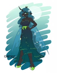 Size: 989x1280 | Tagged: safe, artist:sonicsweeti, imported from derpibooru, queen chrysalis, anthro, changeling, changeling queen, unguligrade anthro, clothes, crown, dress, female, full moon, gala dress, hand on hip, jewelry, moon, regalia, simple background, stupid sexy chrysalis, white background