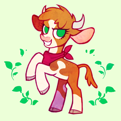 Size: 1500x1500 | Tagged: safe, artist:dawnfire, imported from derpibooru, arizona cow, cow, them's fightin' herds, abstract background, arizona (tfh), bandana, cloven hooves, community related, female, green background, leaves, looking at you, no pupils, rearing, simple background, smiling, solo