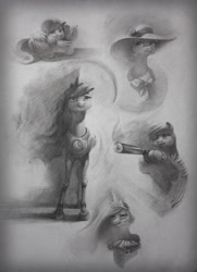 Size: 2823x3904 | Tagged: safe, artist:picturemixture, imported from derpibooru, coco pommel, fluttershy, princess celestia, princess luna, rainbow dash, alicorn, earth pony, pegasus, pony, bust, female, gray background, grayscale, gun, hat, mare, monochrome, pencil drawing, portrait, simple background, suppressor, traditional art, weapon