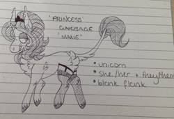 Size: 2389x1637 | Tagged: safe, artist:maximumbark, imported from derpibooru, oc, oc only, oc:princess garbage, unicorn, lined paper, monochrome, solo, text, traditional art