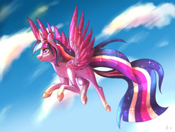 Size: 1600x1212 | Tagged: safe, artist:crystalleye, imported from derpibooru, twilight sparkle, alicorn, pony, cloud, female, flying, mare, multicolored hair, rainbow power, sky, smiling, solo, twilight sparkle (alicorn)