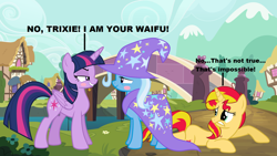 Size: 1600x900 | Tagged: safe, artist:themexicanpunisher, imported from derpibooru, sunset shimmer, trixie, twilight sparkle, alicorn, pony, unicorn, blush sticker, blushing, female, i am your father, implied lesbian, implied shipping, implied sunsetsparkle, lesbian, reference, shipping, star wars, star wars: the empire strikes back, the empire strikes back, trio, twilight sparkle (alicorn), twixie, waifu