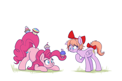 Size: 1500x1000 | Tagged: safe, artist:heir-of-rick, imported from derpibooru, pinkie pie, earth pony, pegasus, pony, bow, cupcake, cute, diapinkes, doki doki literature club, duo, female, food, hair bow, mare, ponified, prehensile mane, sayori, simple background, smiling, tail bow