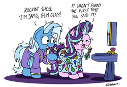 Size: 2353x1608 | Tagged: safe, artist:bobthedalek, imported from derpibooru, starlight glimmer, trixie, pony, unicorn, bathrobe, bathroom, bed mane, clothes, dialogue, duo, female, glim glam, glim glam's jim jams, mare, morning ponies, open mouth, pajamas, robe, simple background, sink, spikebrush, starlight glimmer is not amused, starlight is not amused, that pony sure does love kites, toothbrush, unamused, white background