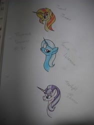 Size: 3000x4000 | Tagged: safe, artist:thr3eguess3s, imported from derpibooru, starlight glimmer, sunset shimmer, trixie, pony, bust, high res, portrait, traditional art