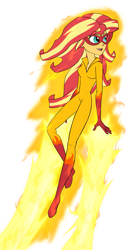 Size: 1113x2048 | Tagged: safe, artist:verumteednp, deleted from derpibooru, imported from derpibooru, sunset shimmer, equestria girls, clothes, costume, crossover, female, fiery shimmer, fire, firestar (marvel), flying, marvel comics, mask, request, simple background, smiling, solo, superhero, transparent background