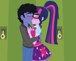 Size: 2048x1650 | Tagged: safe, artist:verumteednp, deleted from derpibooru, imported from derpibooru, sci-twi, twilight sparkle, oc, oc:moonlight spod, equestria girls, canon x oc, clothes, female, glasses, kissing, male, pants, parent:king sombra, parent:princess luna, parent:vice principal luna, ponytail, request, requested art, skirt, straight