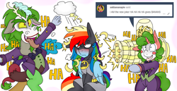 Size: 3069x1584 | Tagged: safe, artist:blackbewhite2k7, imported from derpibooru, discord, rainbow dash, oc, oc:banana pie, pony, angry, ask, banana, batman, batmare, crossover, firing, food, gun, jokercord, laughing, magic, parody, rain, silly, silly pony, the joker, tumblr, weapon