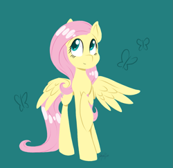 Size: 1149x1116 | Tagged: safe, artist:imaplatypus, imported from derpibooru, part of a set, fluttershy, butterfly, pegasus, pony, cutie mark background, female, green background, looking away, looking up, mare, raised hoof, simple background, smiling, solo, spread wings, tallershy, wings