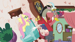 Size: 1280x720 | Tagged: safe, imported from derpibooru, screencap, discord, fluttershy, pony, discordant harmony, clock, clothes, couch, flying, glasses, sweater