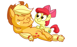 Size: 3000x1818 | Tagged: safe, artist:luuandherdraws, imported from derpibooru, apple bloom, applejack, pony, .mov, arm behind head, armpits, jappleack, on back, pony.mov, simple background, transparent background