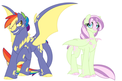 Size: 1500x1000 | Tagged: safe, artist:faith-wolff, imported from derpibooru, oc, oc only, dracony, hybrid, colored claws, colored hooves, commission, duo, female, half-siblings, male, mare, offspring, parent:fluttershy, parent:rainbow dash, parent:spike, parents:flutterspike, parents:rainbowspike, rainbow hair, scales, simple background, spread wings, stallion, unshorn fetlocks, white background, wing claws, wings