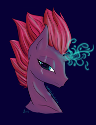 Size: 2975x3850 | Tagged: safe, artist:pencilmelody, imported from derpibooru, tempest shadow, unicorn, my little pony: the movie, blue background, broken horn, bust, digital art, eye scar, female, glowing horn, magic, scar, simple background, solo, sparking horn