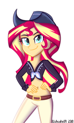 Size: 540x900 | Tagged: safe, artist:wubcakeva, imported from derpibooru, sunset shimmer, dance magic, equestria girls, spoiler:eqg specials, belly button, clothes, cowboy hat, female, front knot midriff, hand on hip, hat, looking at you, midriff, pants, simple background, smiling, solo, stetson, transparent background