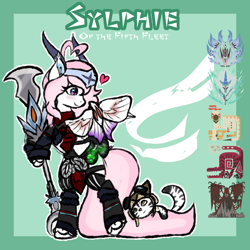 Size: 1000x1000 | Tagged: safe, artist:pastel-pony-princess, imported from derpibooru, oc, oc only, oc:sylphie, cat, blushing, clothes, cute, glaive, heart, heart eyes, insect glaive, monster hunter, simple background, solo, weapon, wingding eyes