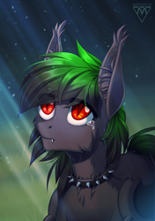 Size: 916x1300 | Tagged: safe, artist:margony, imported from derpibooru, oc, oc only, bat pony, pony, vampire, bat pony oc, chest fluff, collar, commission, crying, cute, cute little fangs, ear fluff, fangs, looking up, male, night, sad, signature, solo, stallion, stars, teary eyes