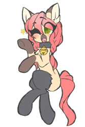 Size: 2000x3000 | Tagged: safe, artist:mimisaurusrex, imported from derpibooru, oc, oc only, oc:koneko, cat pony, original species, bell, bell collar, braid, cat socks, chest fluff, clothes, collar, ear fluff, female, hooves up, mare, one eye closed, pigtails, simple background, smiling, socks, solo, stars, thigh highs, transparent background, wingding eyes, wink