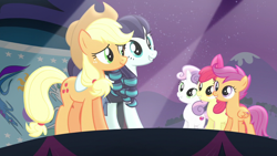 Size: 1280x720 | Tagged: safe, imported from derpibooru, screencap, apple bloom, applejack, coloratura, scootaloo, sweetie belle, the mane attraction, cutie mark crusaders, equestrian flag, stage