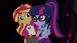 Size: 1920x1080 | Tagged: safe, imported from derpibooru, screencap, sci-twi, sunset shimmer, twilight sparkle, equestria girls, legend of everfree, camp everfree outfits, clothes, duo, duo female, female, glasses, pants, ponytail, shipping fuel, shirt, smiling