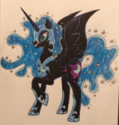 Size: 2843x2981 | Tagged: safe, artist:bozzerkazooers, imported from derpibooru, nightmare moon, alicorn, pony, ethereal mane, female, mare, raised hoof, simple background, solo, starry mane, traditional art, white background