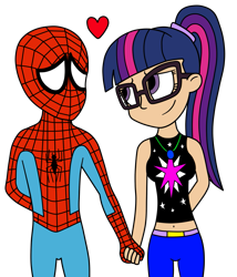 Size: 1115x1305 | Tagged: safe, artist:eagc7, imported from derpibooru, sci-twi, twilight sparkle, human, equestria girls, belly button, clothes, commission, crossover, crossover shipping, female, heart, holding hands, human coloration, looking at each other, male, marvel, midriff, peter parker, shipping, simple background, sleeveless, spider-man, spidertwi, straight, tanktop, transparent background