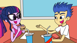 Size: 2143x1207 | Tagged: safe, artist:eagc7, imported from derpibooru, flash sentry, sci-twi, twilight sparkle, human, equestria girls, burger, clothes, commission, date, female, flashlight, food, hamburger, male, ponytail, sciflash, shipping, shirt, sleeveless, soda, straight, tanktop