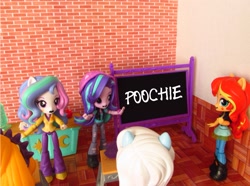 Size: 1417x1053 | Tagged: safe, artist:whatthehell!?, imported from derpibooru, adagio dazzle, princess celestia, starlight glimmer, sunset shimmer, trixie, equestria girls, boots, chair, chalkboard, classroom, clothes, desk, doll, dress, equestria girls minis, gem, irl, jacket, pants, photo, poochie, principal celestia, shoes, skirt, toy