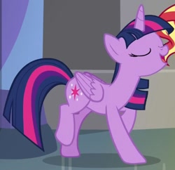 Size: 553x535 | Tagged: safe, imported from derpibooru, screencap, sunset shimmer, twilight sparkle, alicorn, equestria girls, equestria girls series, forgotten friendship, cropped, eyes closed, open mouth, pose, raised hoof, raised leg, solo focus, twilight sparkle (alicorn)