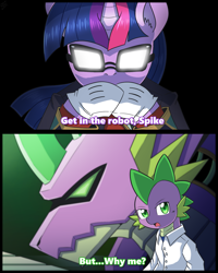 Size: 1200x1500 | Tagged: safe, artist:vavacung, imported from derpibooru, spike, twilight sparkle, dragon, robot, unicorn, clothes, female, gendo pose, glasses, gloves, male, neon genesis evangelion, scary shiny glasses