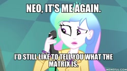 Size: 600x337 | Tagged: safe, edit, edited screencap, imported from derpibooru, screencap, princess celestia, eqg summertime shorts, equestria girls, subs rock, clerks, clerks the animated series, clerks: the animated series, image macro, meme, memeful.com, principal celestia, the matrix