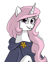 Size: 1390x1663 | Tagged: safe, artist:lunarcakez, imported from derpibooru, princess celestia, pony, cloak, clothes, cutie mark accessory, cutie mark on clothes, female, horn, looking at you, pin, pink mane, pink-mane celestia, simple background, solo, white background, younger