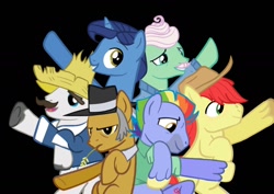 Size: 1414x1000 | Tagged: safe, artist:artemanuela, imported from derpibooru, bow hothoof, bright mac, gentle breeze, hondo flanks, igneous rock pie, night light, earth pony, pegasus, pony, unicorn, black background, dad six, facial hair, hat, male, moustache, simple background, stallion