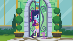 Size: 2208x1242 | Tagged: safe, imported from derpibooru, screencap, sci-twi, spike, spike the regular dog, twilight sparkle, dog, equestria girls, equestria girls series, my little shop of horrors, boots, celestia's house, clothes, gloves, plants, raised leg, rear view, shoes, watering can