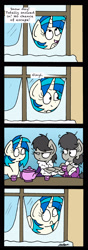 Size: 1217x3445 | Tagged: safe, artist:bobthedalek, imported from derpibooru, dj pon-3, octavia melody, vinyl scratch, oc, oc:mixed melody, oc:octavia's mother, earth pony, pony, unicorn, bathrobe, bed mane, clothes, comic, cup, octavia is not amused, oh crap face, robe, snow, sudden realization, teacup, teapot, this will end in intensive mothering, unamused, window