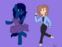 Size: 1600x1200 | Tagged: safe, artist:calibykitty, artist:icey-wicey-1517, artist:icicle-wicicle-1517, artist:midnightamber, imported from derpibooru, oc, oc:midnight, oc:midnight specter, alicorn, human, pony, alicorn oc, bowtie, clothes, colored, dancing, dress, duo, female, mare, purple background, self insert, shoes, simple background, suit