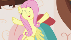 Size: 1280x720 | Tagged: safe, imported from derpibooru, screencap, fluttershy, pegasus, pony, discordant harmony, cute, eyes closed, female, mare, open mouth, shyabetes, smiling, solo